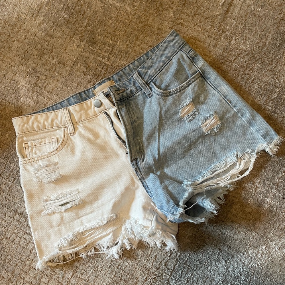 Altar'd State Cream and Blue Distressed Jean Shorts